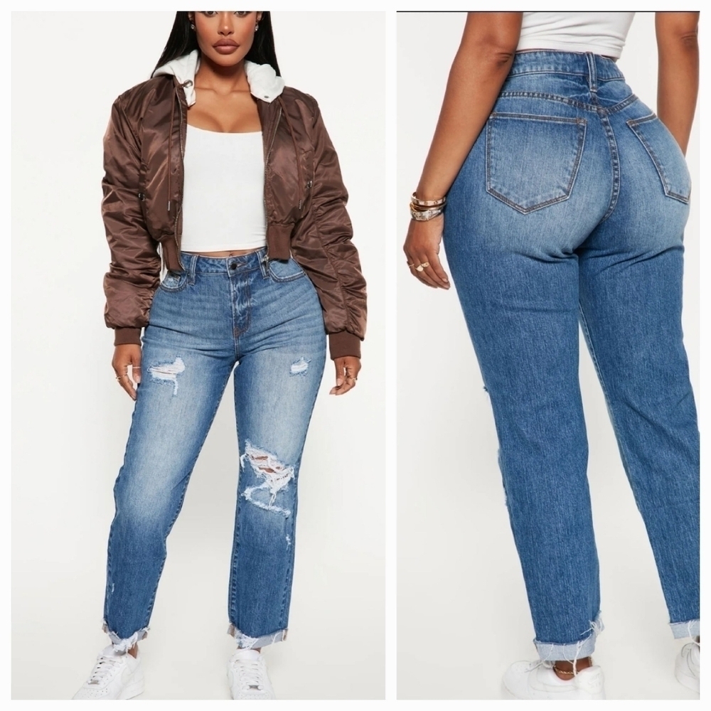 Fashion Nova Halie Half Cuff Straight Leg Distressed Jeans Dark Wash Size 5